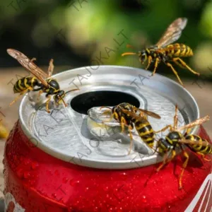 Vapsvos ant atidarytos gėrimo skardinės – pavojus vasarą geriant iš neuždengtos skardinės lauke.