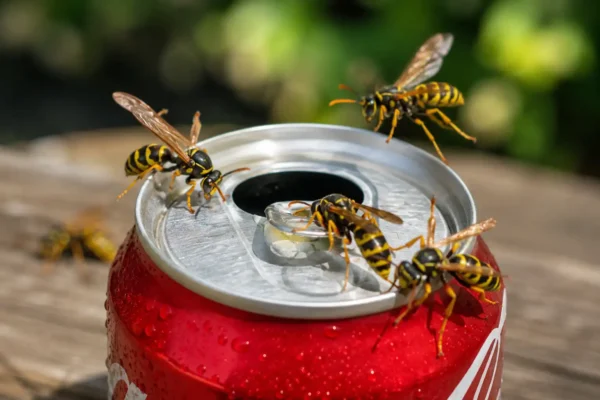 Vapsvos ant atidarytos gėrimo skardinės – pavojus vasarą geriant iš neuždengtos skardinės lauke.
